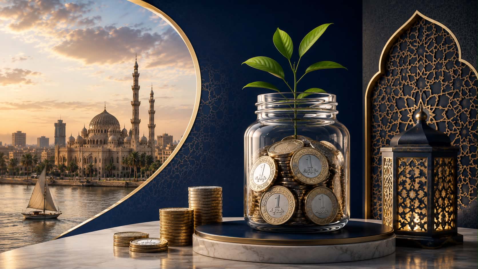 بانر حساب التوفير الإسلامي Daily Saver يوضح عملات الجنيه المصري داخل وعاء زجاجي مع نبتة خضراء، في إشارة إلى تنمية المدخرات والعائد المتوقع اليومي المتوافق مع أحكام الشريعة الإسلامية.